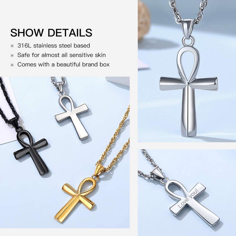 Suplight Silver Ankh Cross Pendant Ancient Egyptian Jewelry Stainless Steel Lucky Protection Necklace for Men Women - Image 4